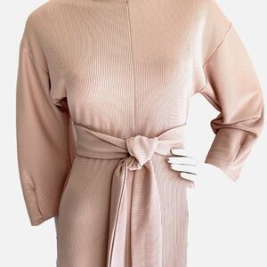 Lost Ink UK Dress Ribbed Knit Belt Crew Neck 3/4 Sleeve Lined Pink